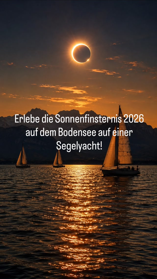 Wenn der Bodensee plötzlich dunkel wird …

Wir gehen segeln – mitten hinein in ein ganz besonderes Himmelsspektakel! 🌊✨
Gemeinsam beobachten wir die Sonnenfinsternis vom Wasser aus – mit perfektem Blick, Segelwind und einem Drink in der Hand. 🥂☀️🌑

📍 Start: Meersburg am Bodensee
⛵ Sonnenfinsternis unter Segeln
🥂 Drinks inklusive
🌅 Ein Erlebnis, das du so schnell nicht vergisst!

👉 Bist du dabei, wenn der Tag für einen Moment zur Nacht wird?

#sonnenfinsternis #sonnenfinsternis2026 #bodensee #meersburg #segeln